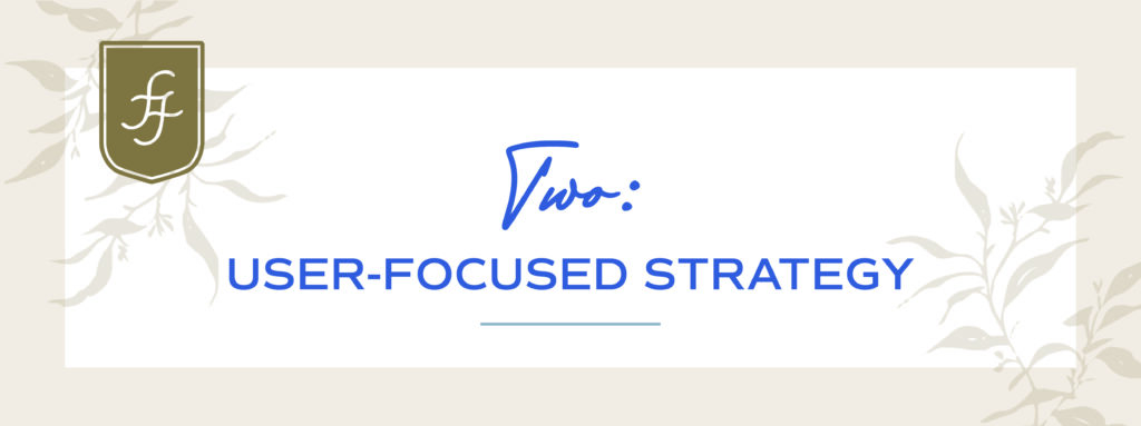 Title graphic for part two of the five things your Showit website needs to succeed. Blue text on a creamy white background with leafy decor says: "user-focused strategy"